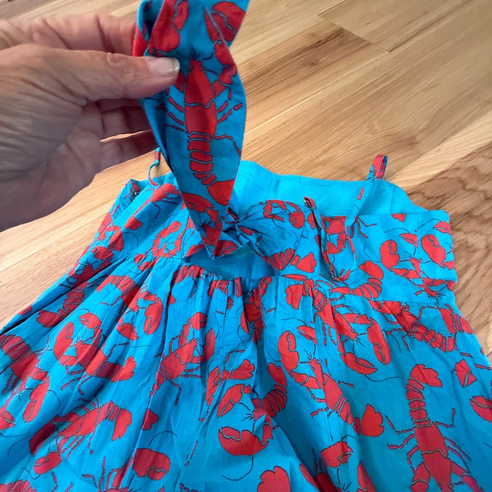 J. Crew Sun Dress Womens 10 Blue Red Lobster Print Bow Back Midi Maxi Coastal - Picture 8 of 13